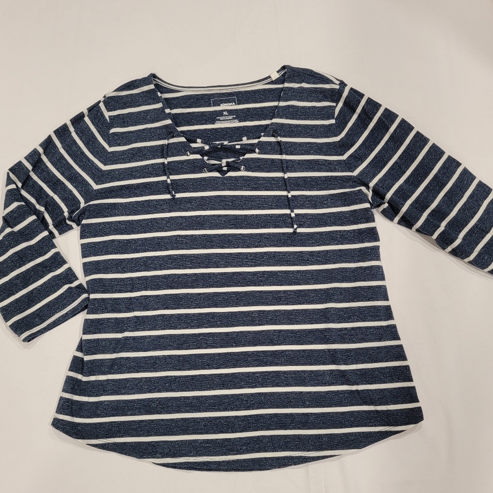 Sonoma XL Blue White Stripe Nautical Lace Up Shirt